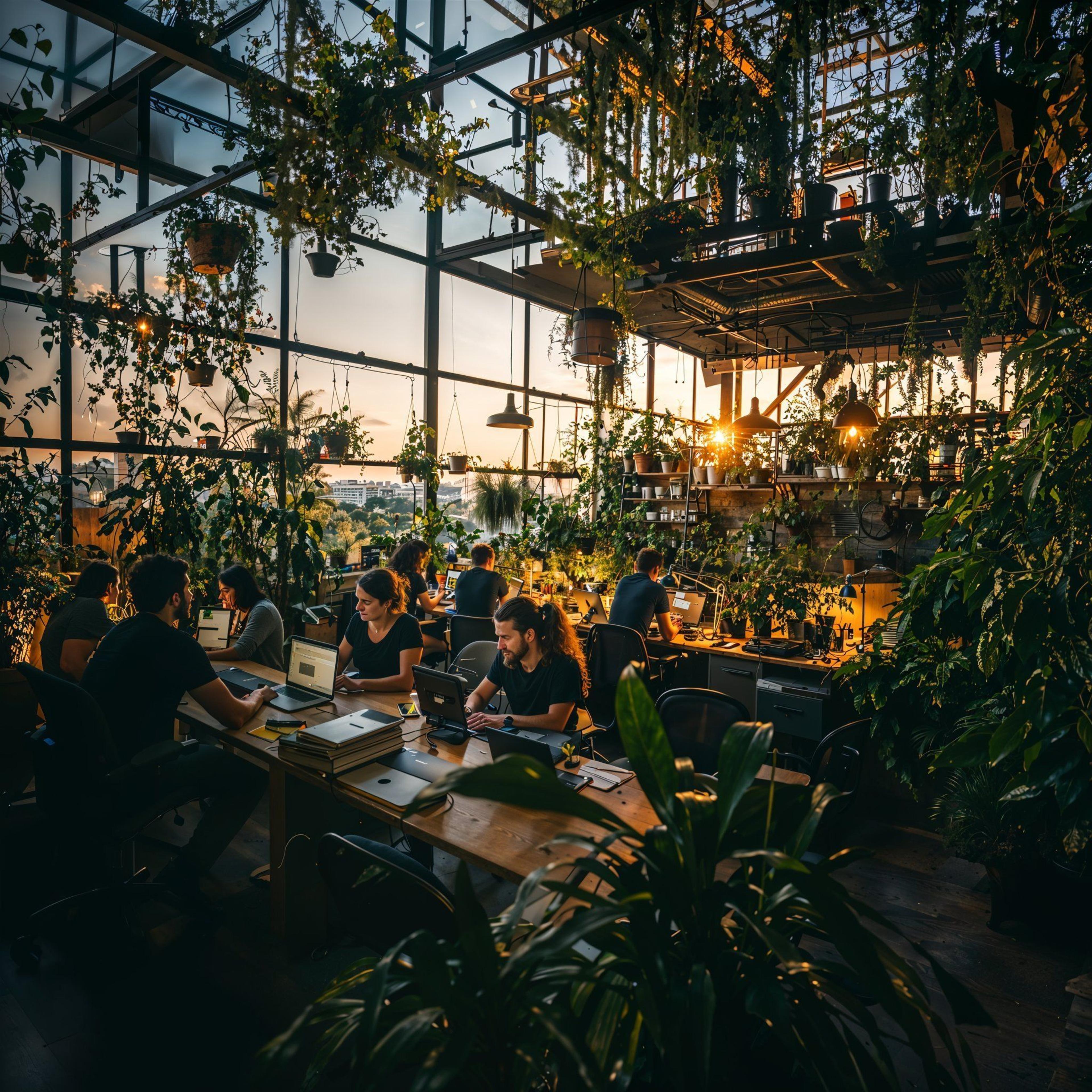 People working in a coworking space with many green plants