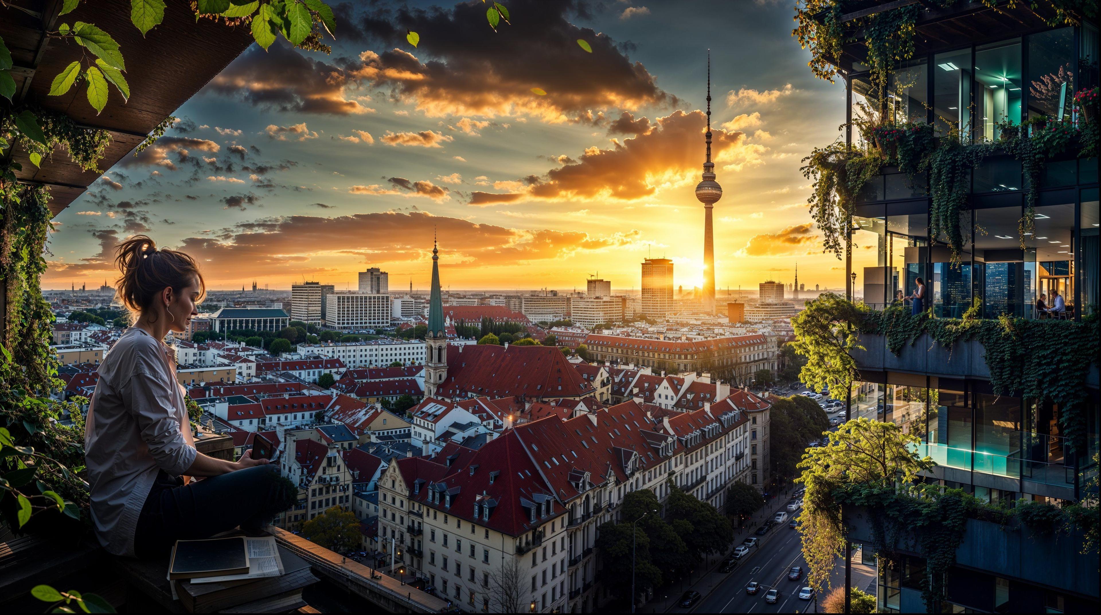 Woman looking at Berlin city from overgrown building