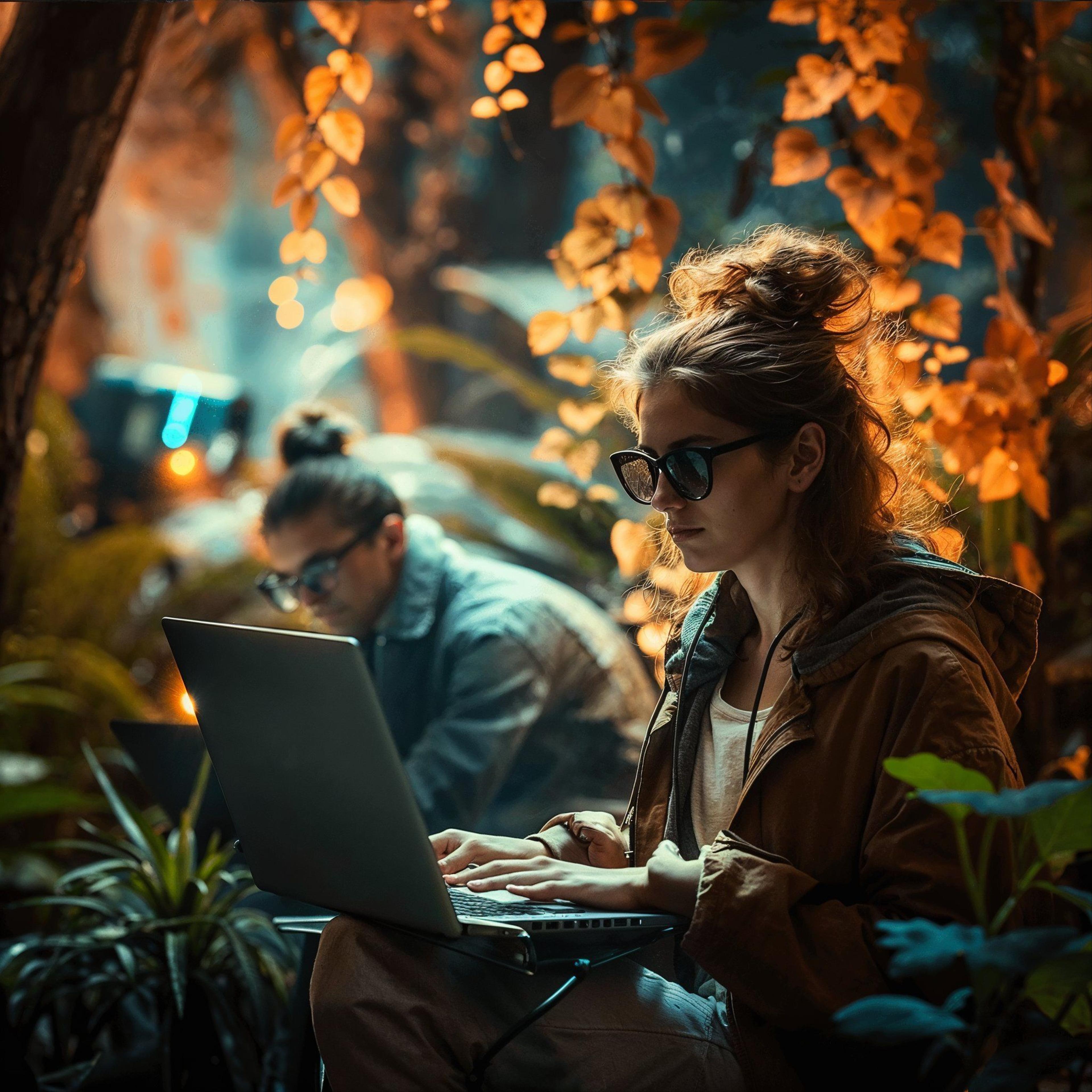 A woman working in the forest on her computer